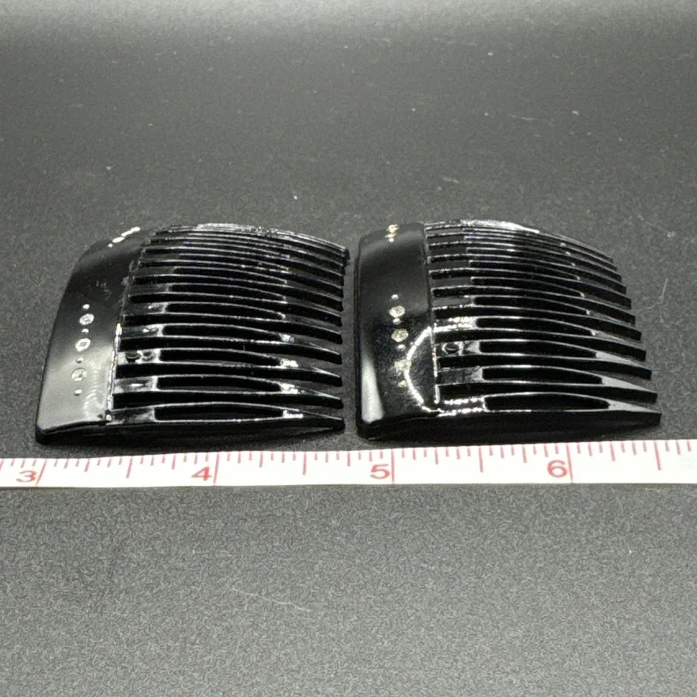 Vintage Black‎ Plastic with Crystal Accents Side Hair Comb - Italy - Set of 2